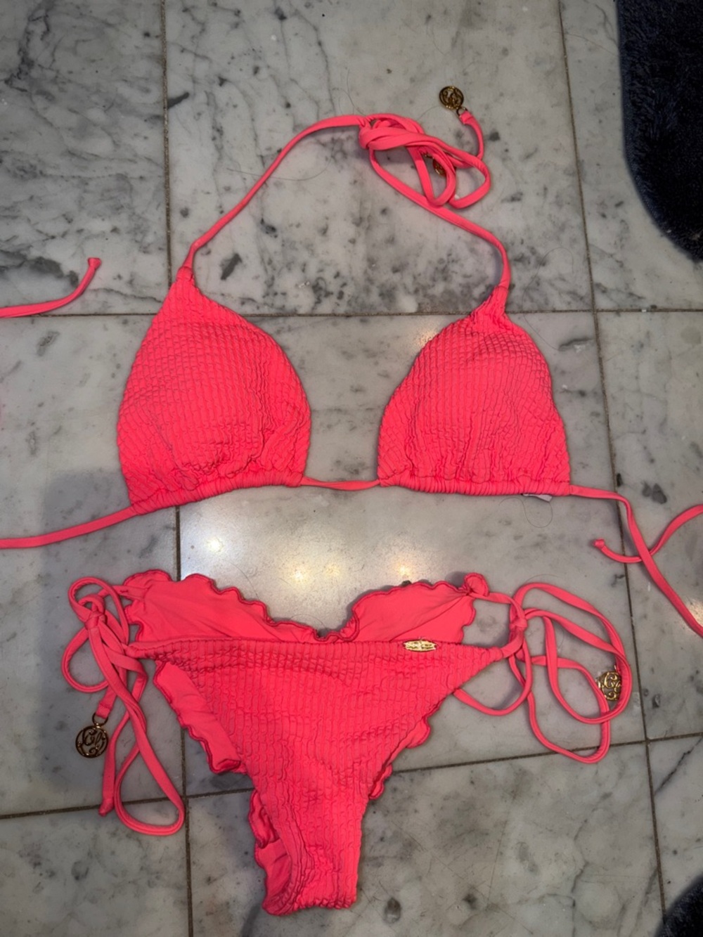 Luli Fama Neon Pink Smocked Triangle Bikini